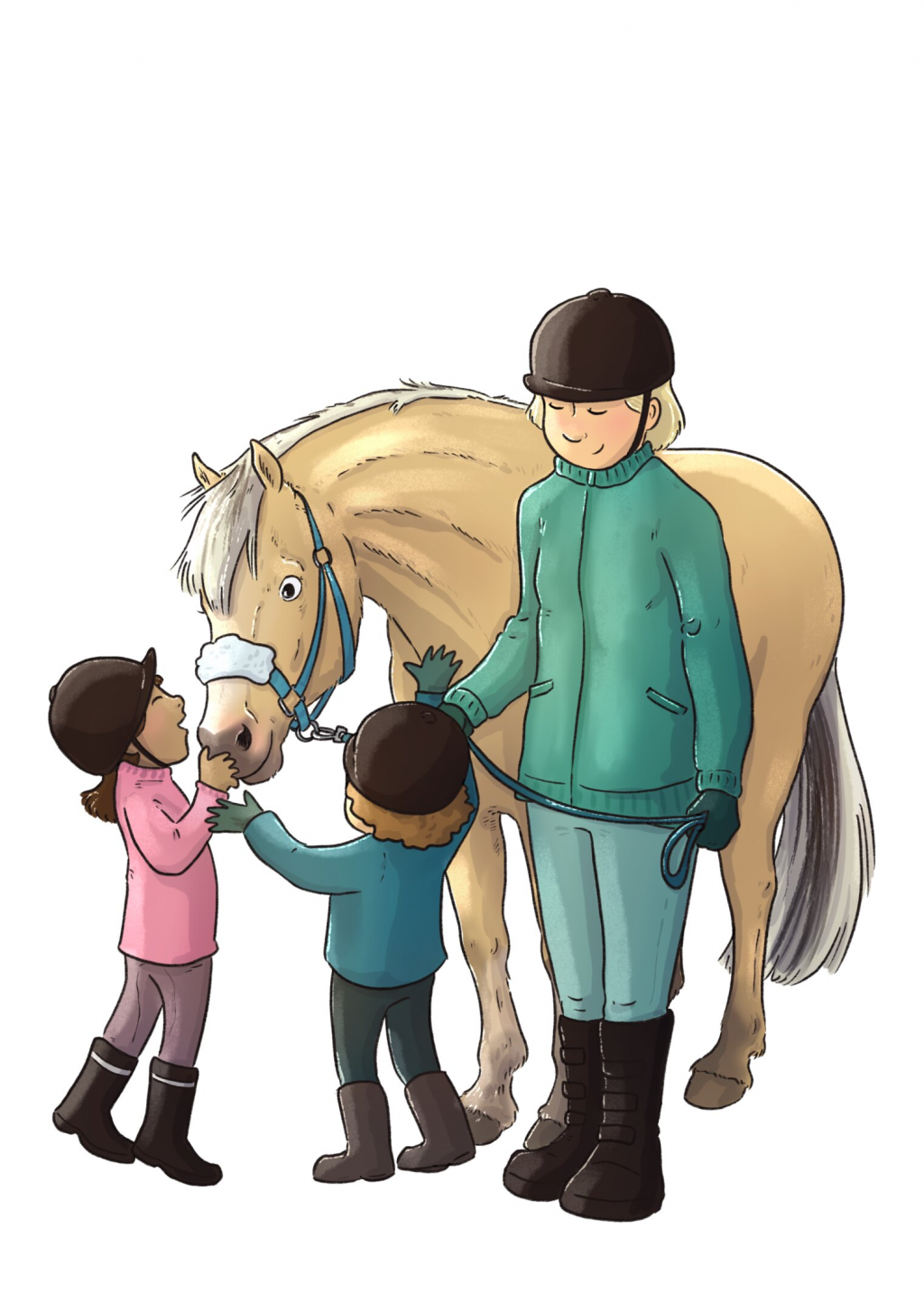 Lapset tervehtivät hevosta jota aikuinen pitää kiinni riimulla.